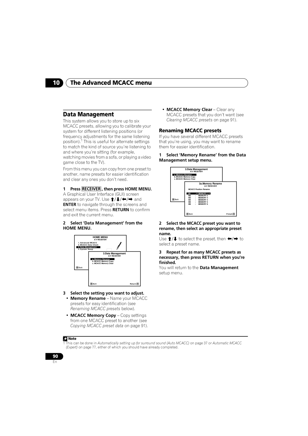 Pioneer VSX-919AH-S manual Advanced Mcacc menu Data Management, Renaming Mcacc presets, Select ‘Data Management’ from, Name 