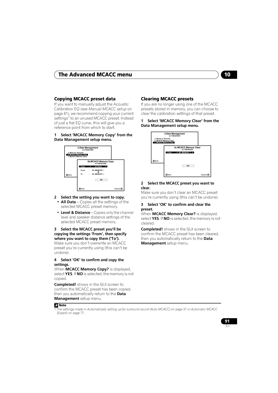 Pioneer VSX-919AH-S manual Copying Mcacc preset data, Clearing Mcacc presets, Select the setting you want to copy 