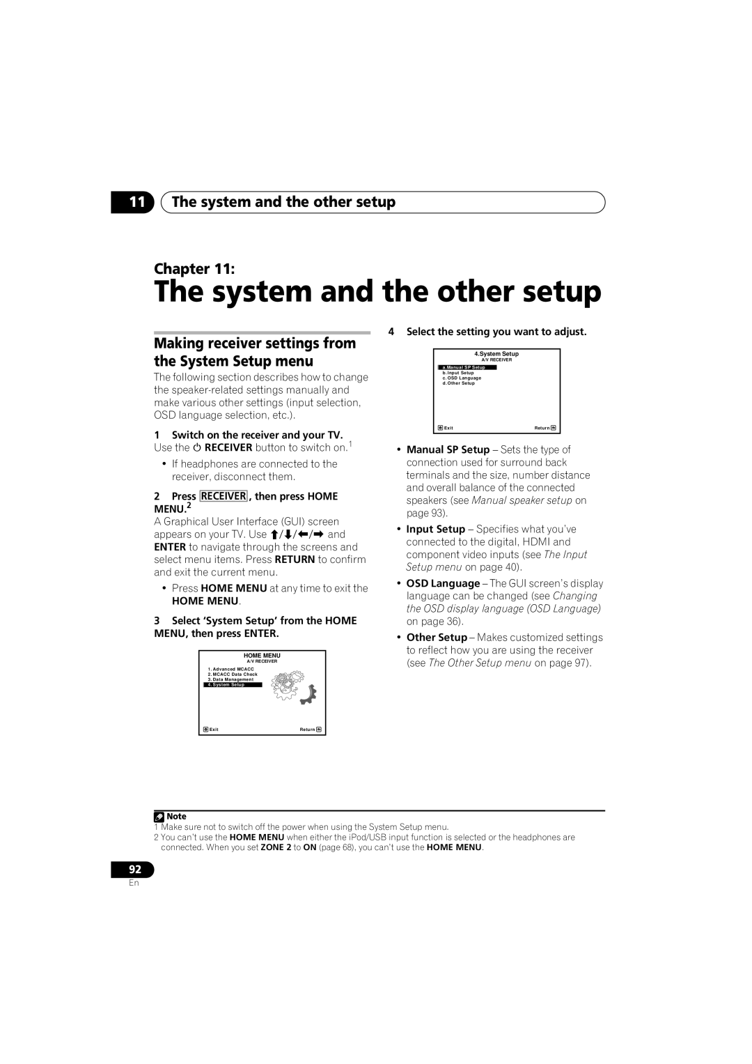 Pioneer VSX-919AH-S manual System and the other setup Chapter, Press Receiver , then press Home MENU.2 