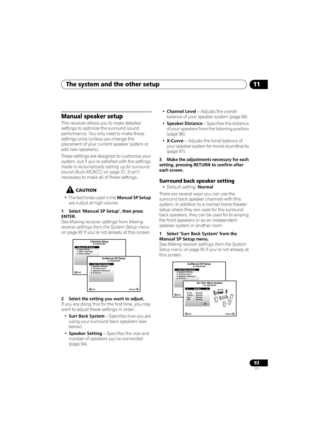 Pioneer VSX-919AH-S manual System and the other setup, Manual speaker setup, Surround back speaker setting 