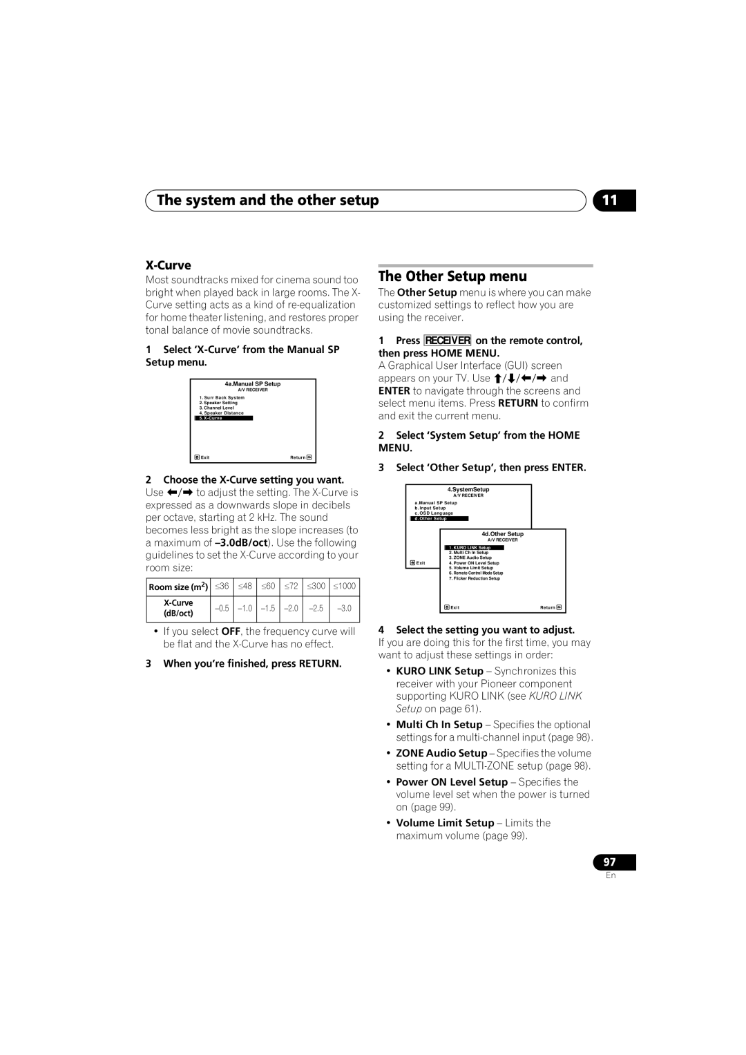 Pioneer VSX-919AH-S manual Other Setup menu, Select ‘X-Curve’ from the Manual SP Setup menu 