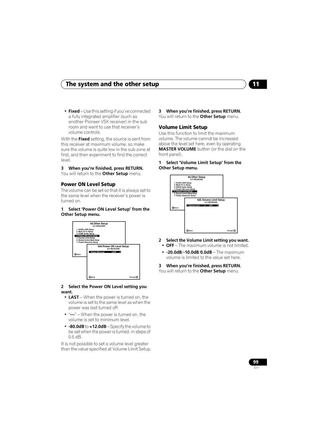 Pioneer VSX-919AH-S manual Power on Level Setup, Volume Limit Setup 