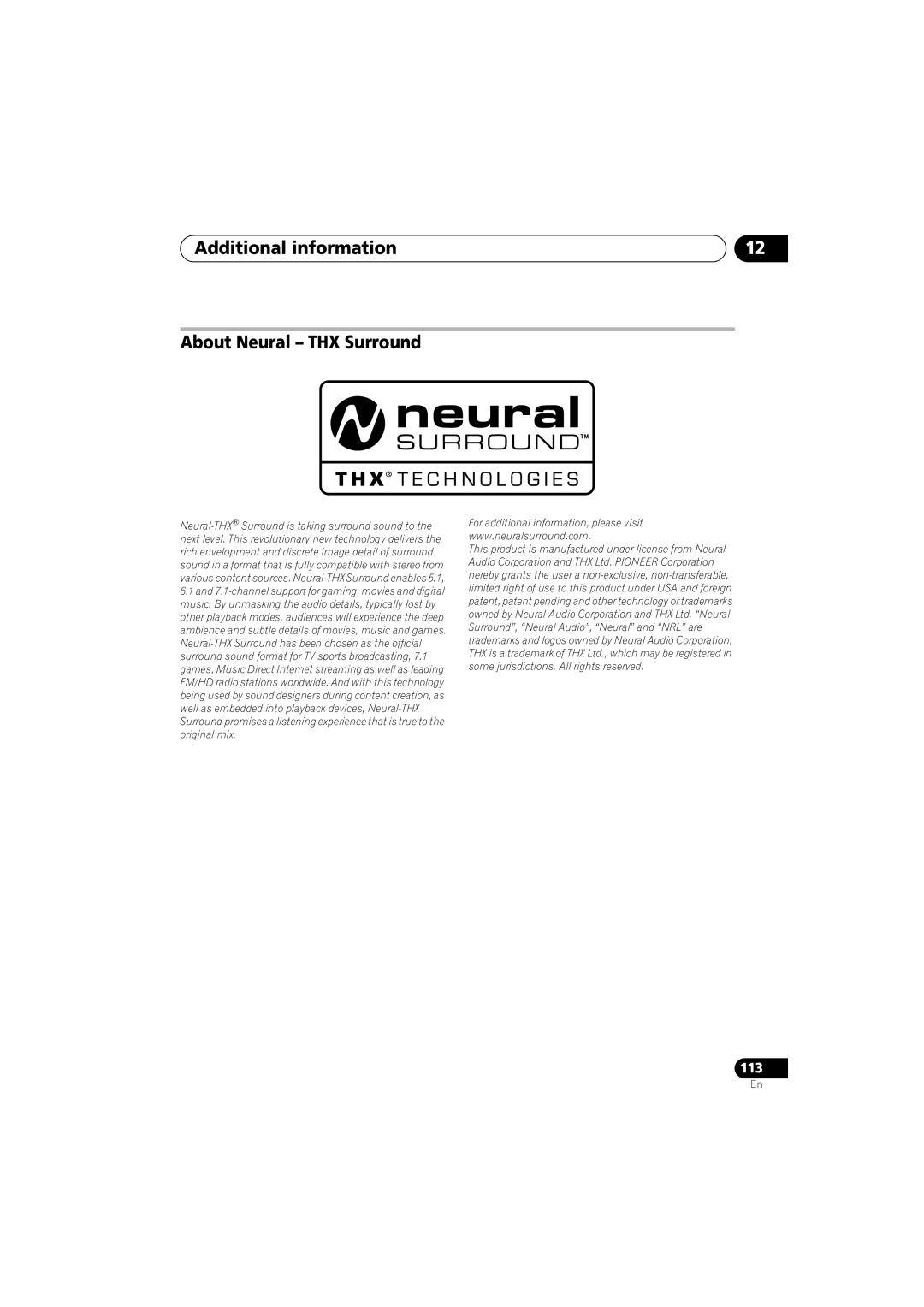 Pioneer VSX-919AH-S manual About Neural - THX Surround, Additional information 