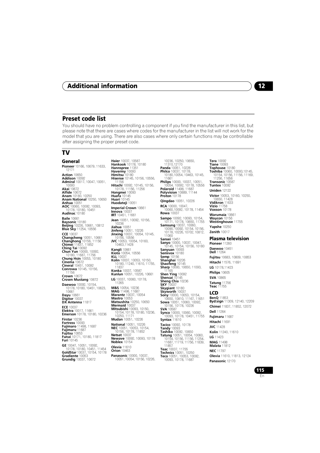 Pioneer VSX-919AH-S manual Preset code list, General, Plasma television, Additional information 
