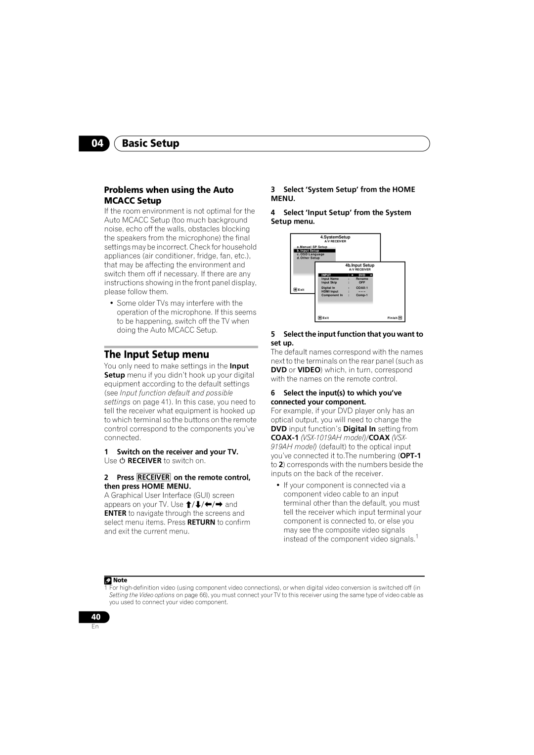 Pioneer VSX-919AH-S manual The Input Setup menu, Problems when using the Auto MCACC Setup, 04Basic Setup 