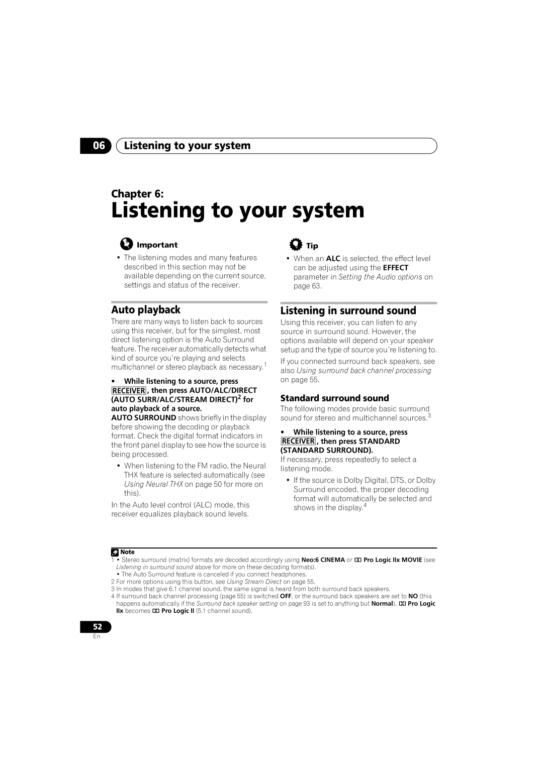 Pioneer VSX-919AH-S manual 06Listening to your system Chapter, Auto playback, Listening in surround sound 