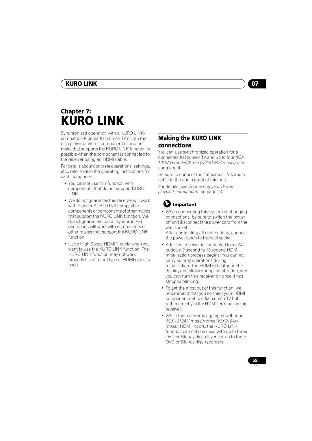 Pioneer VSX-919AH-S manual Kuro Link, KURO LINK Chapter, Making the KURO LINK connections 
