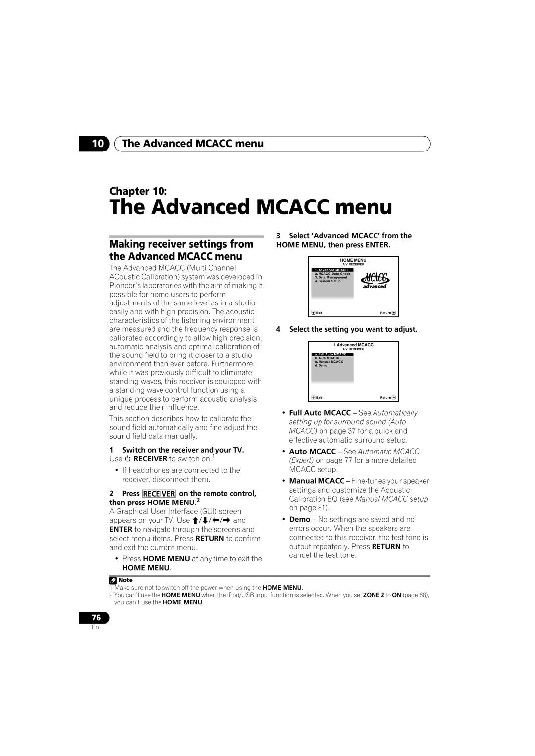 Pioneer VSX-919AH-S manual 10The Advanced MCACC menu Chapter, Home Menu, Select the setting you want to adjust 