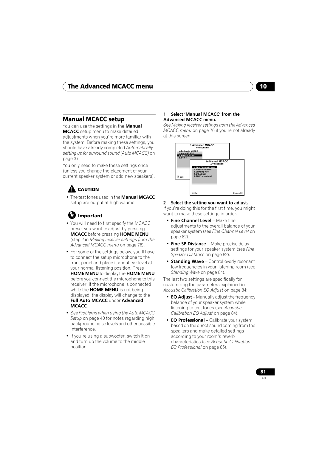 Pioneer VSX-919AH-S manual The Advanced MCACC menu Manual MCACC setup, Mcacc, Select the setting you want to adjust 