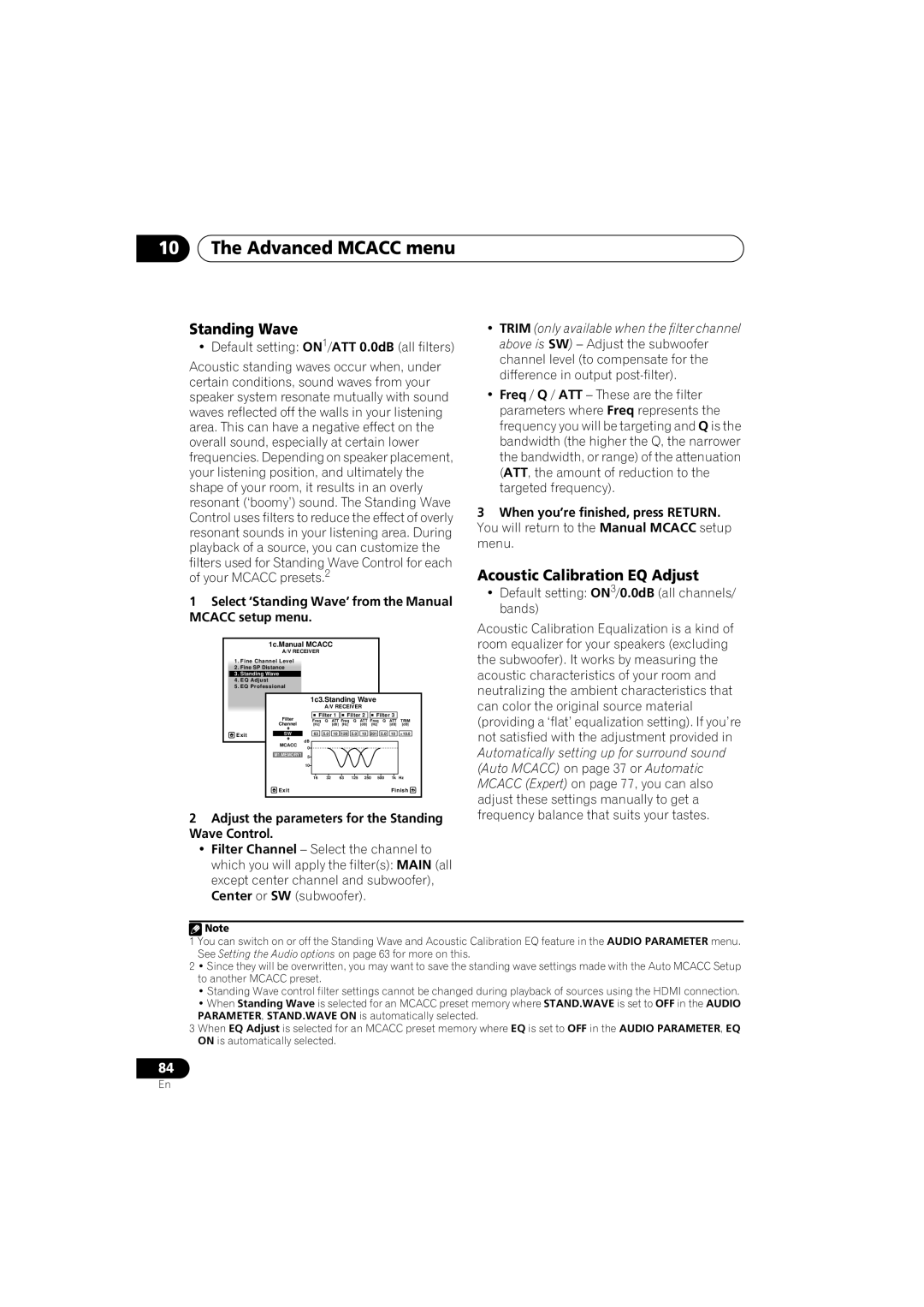 Pioneer VSX-919AH-S manual Standing Wave, Acoustic Calibration EQ Adjust, 10The Advanced MCACC menu 