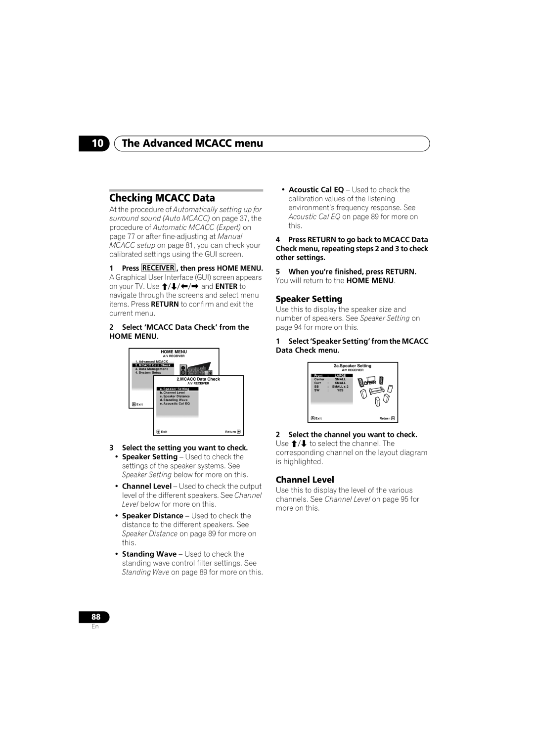Pioneer VSX-919AH-S manual 10The Advanced MCACC menu Checking MCACC Data, Speaker Setting, Channel Level 