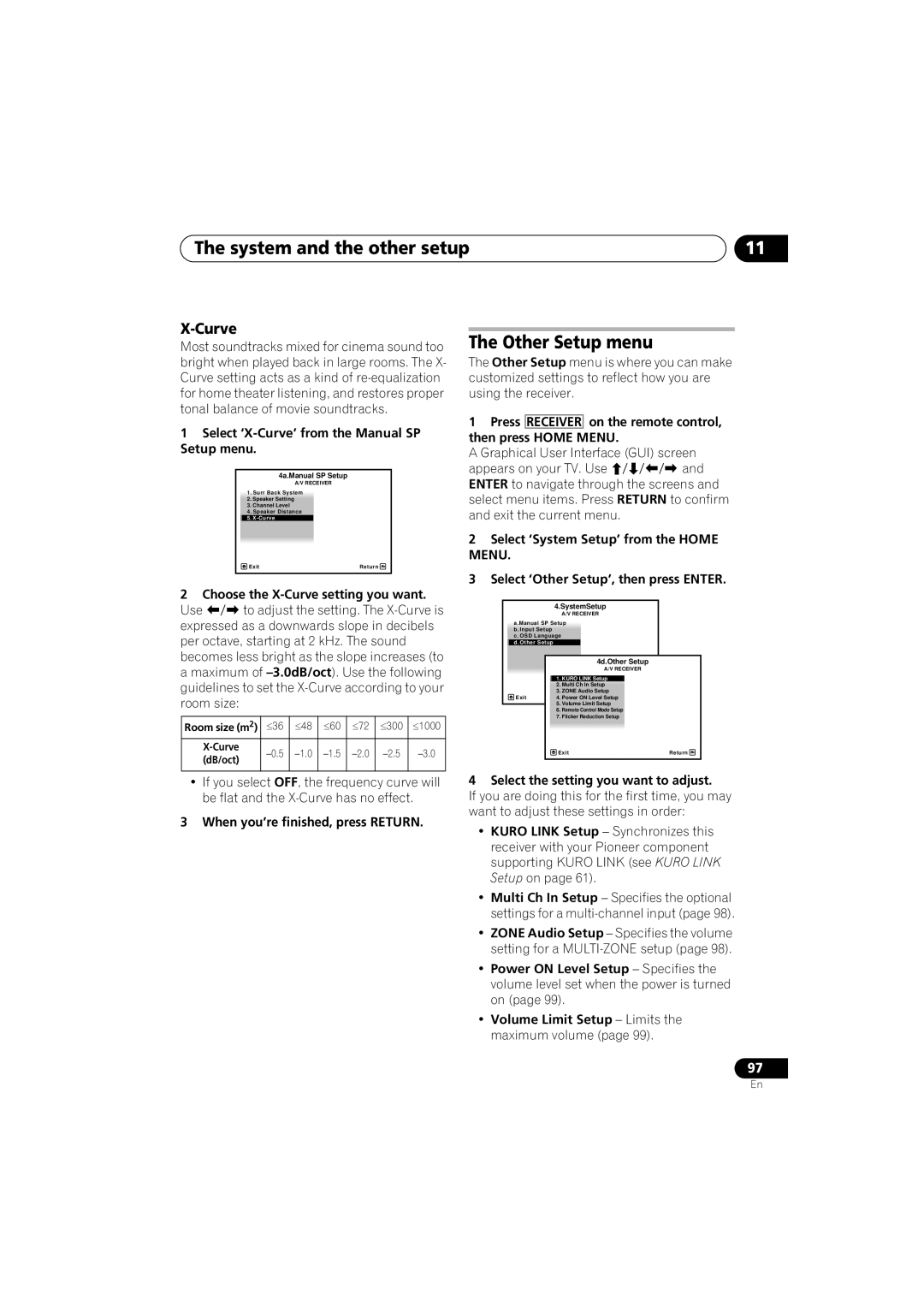 Pioneer VSX-919AH-S manual The Other Setup menu, 1Select ‘X-Curve’from the Manual SP Setup menu 