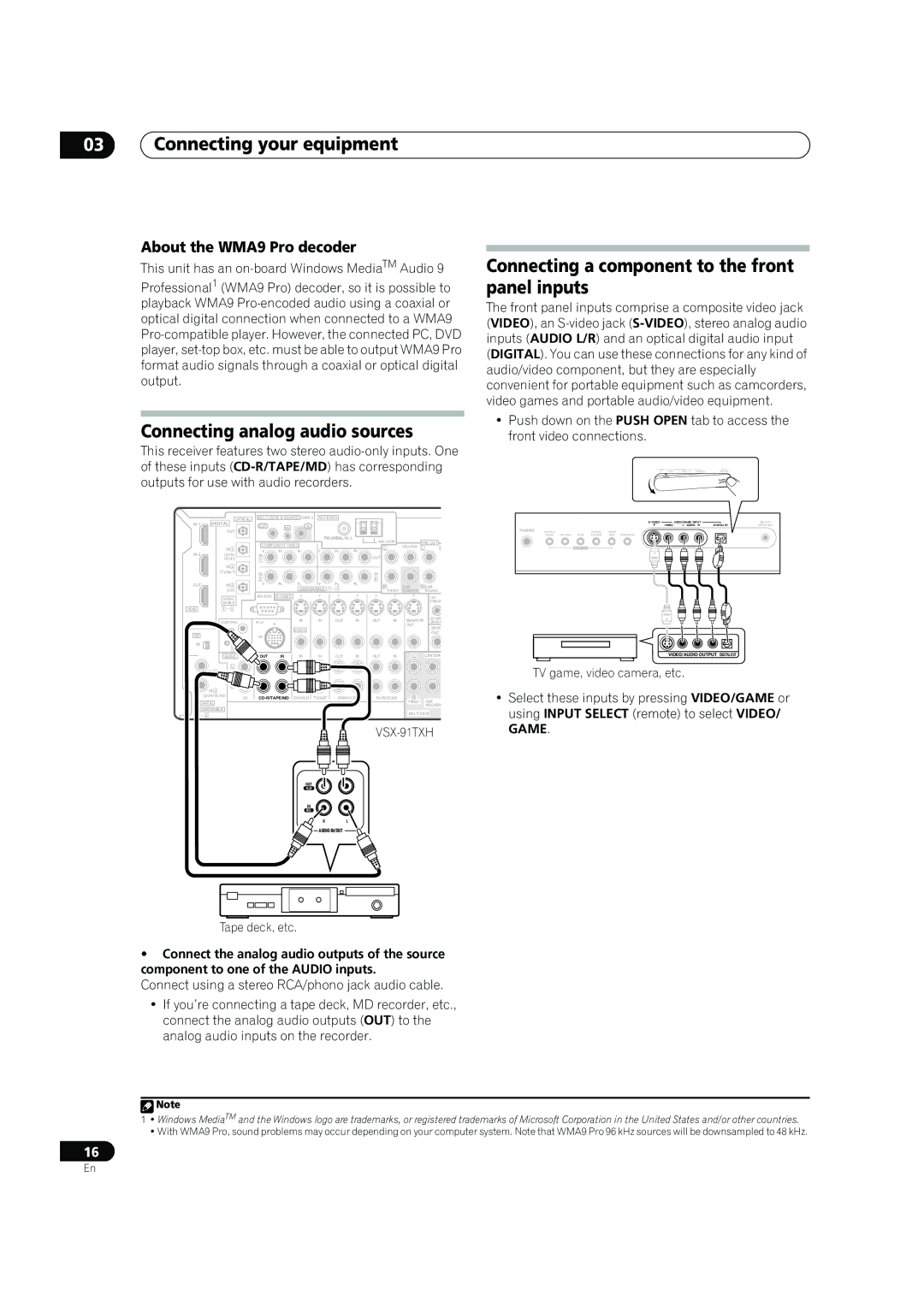 Pioneer VSX-91TXH manual Connecting analog audio sources, Connecting a component to the front panel inputs, Tape deck, etc 