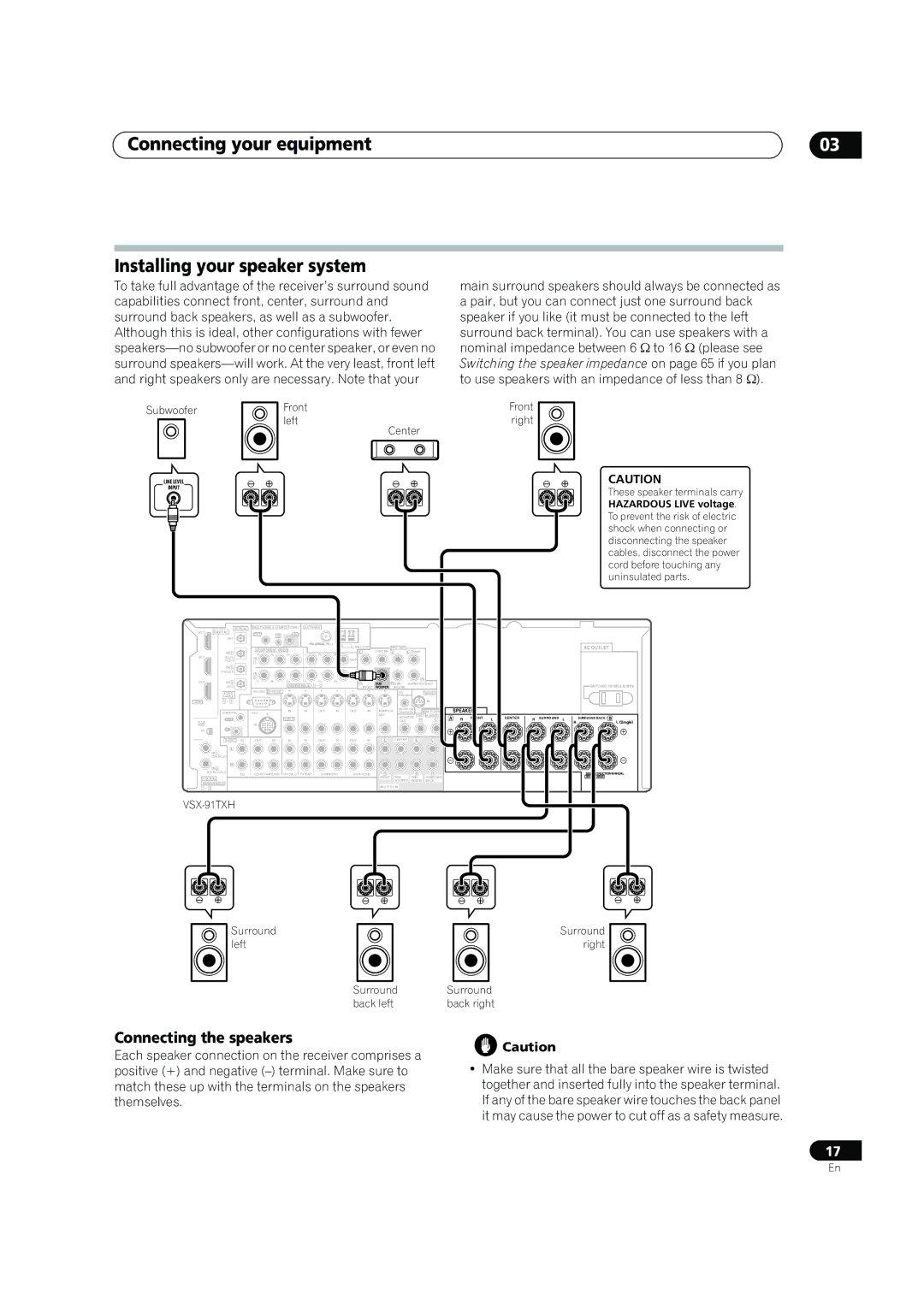 Pioneer VSX-91TXH manual Connecting your equipment Installing your speaker system, Connecting the speakers 