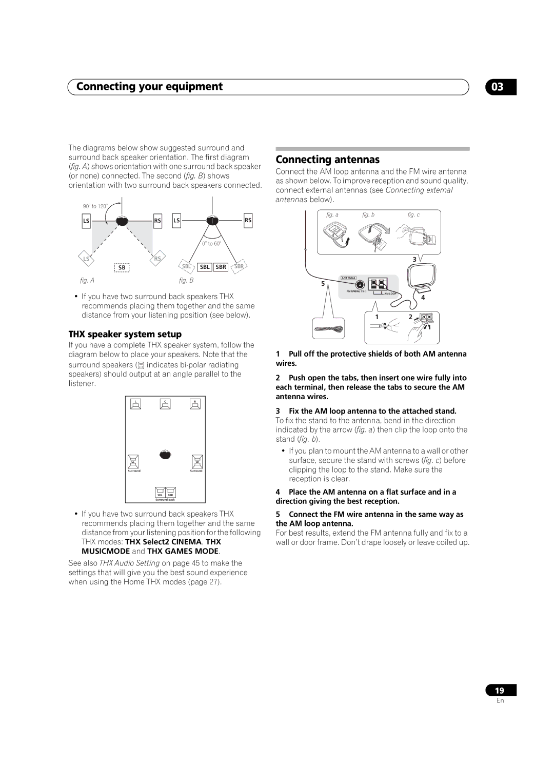 Pioneer VSX-91TXH manual Connecting antennas, THX speaker system setup 