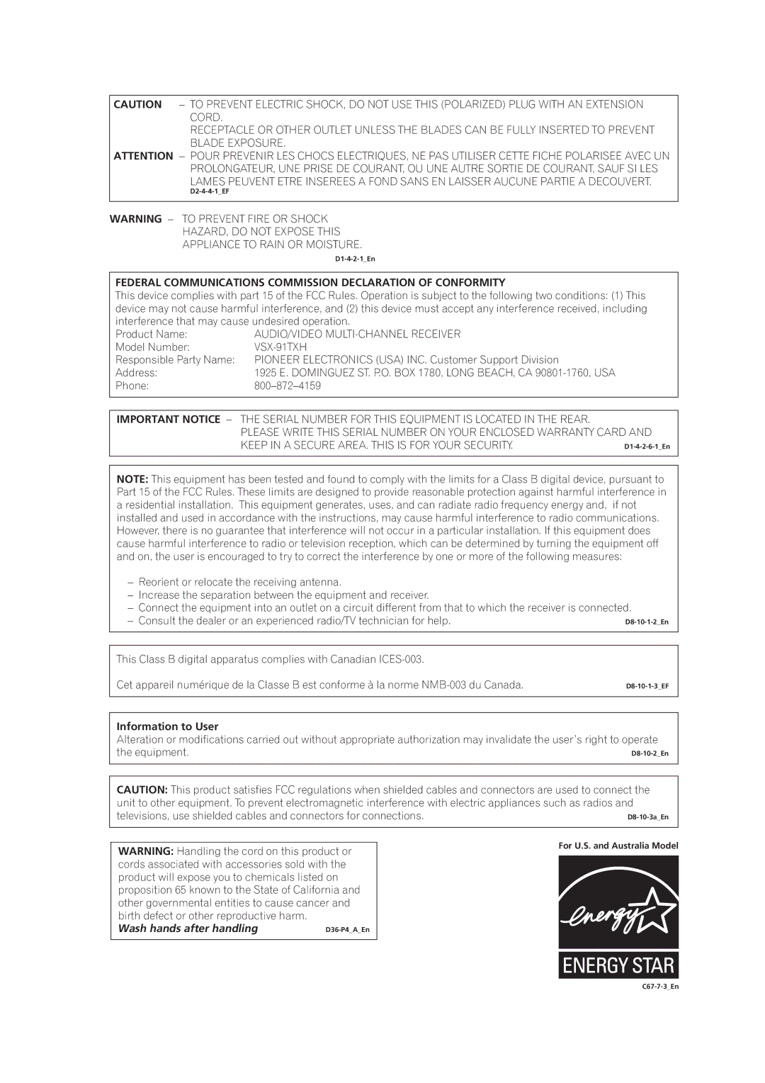 Pioneer VSX-91TXH Federal Communications Commission Declaration of Conformity, Model Number, Phone, Information to User 