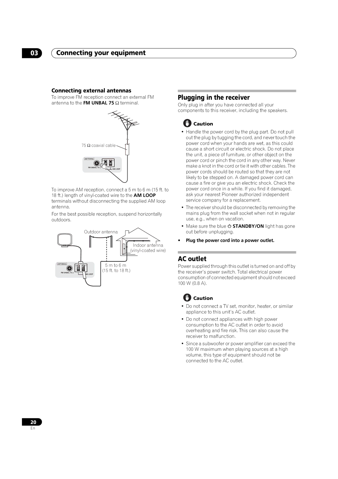 Pioneer VSX-91TXH manual Plugging in the receiver, AC outlet, Connecting external antennas, To 6 m 