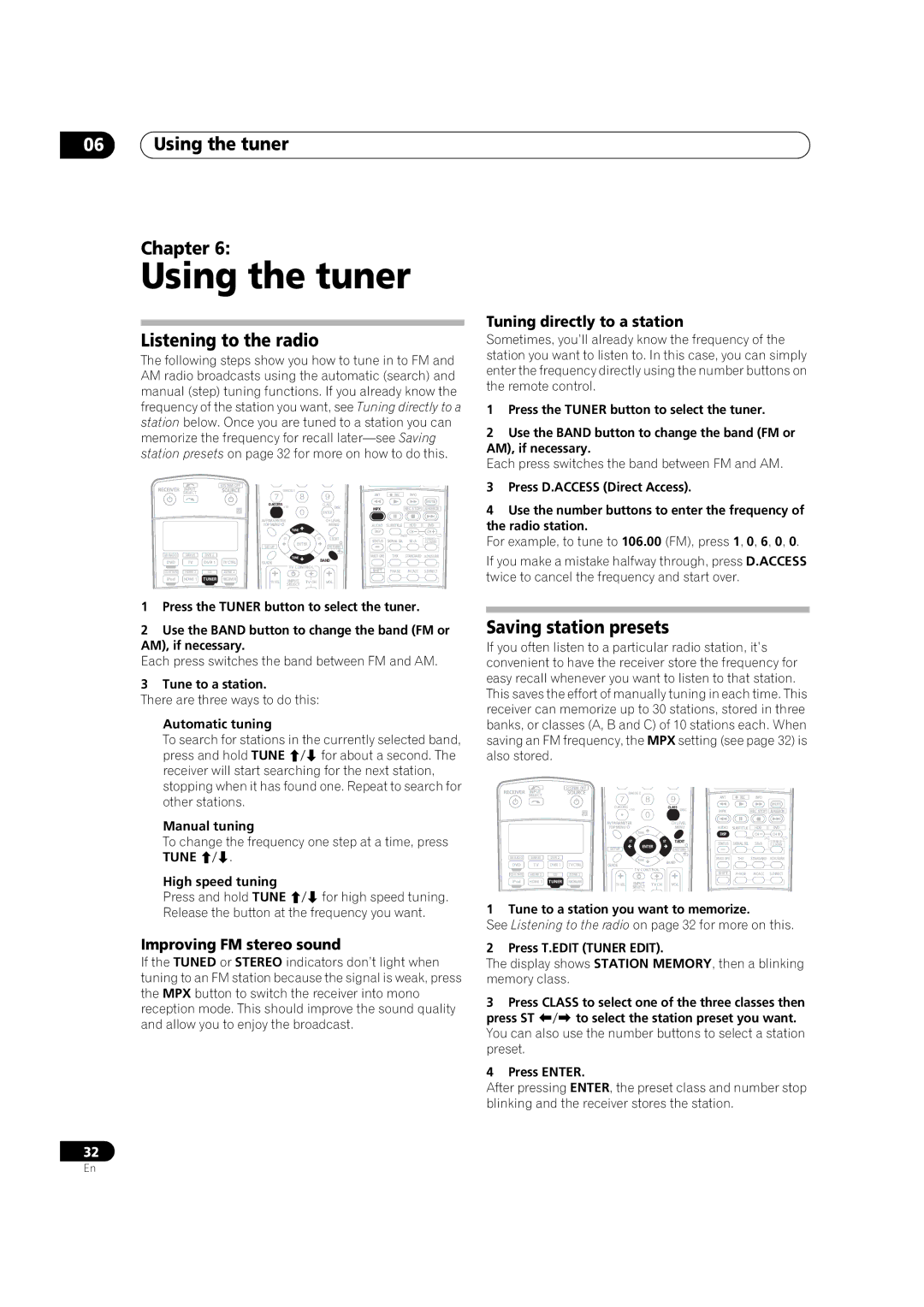 Pioneer VSX-91TXH manual Using the tuner Chapter, Listening to the radio, Saving station presets 