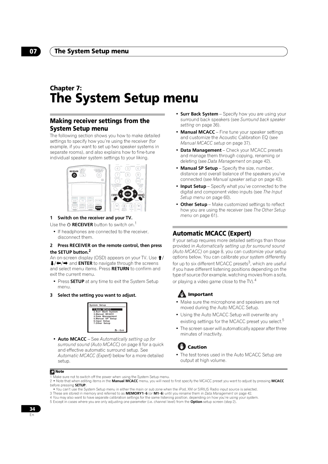 Pioneer VSX-91TXH manual System Setup menu Chapter, Making receiver settings from the System Setup menu 