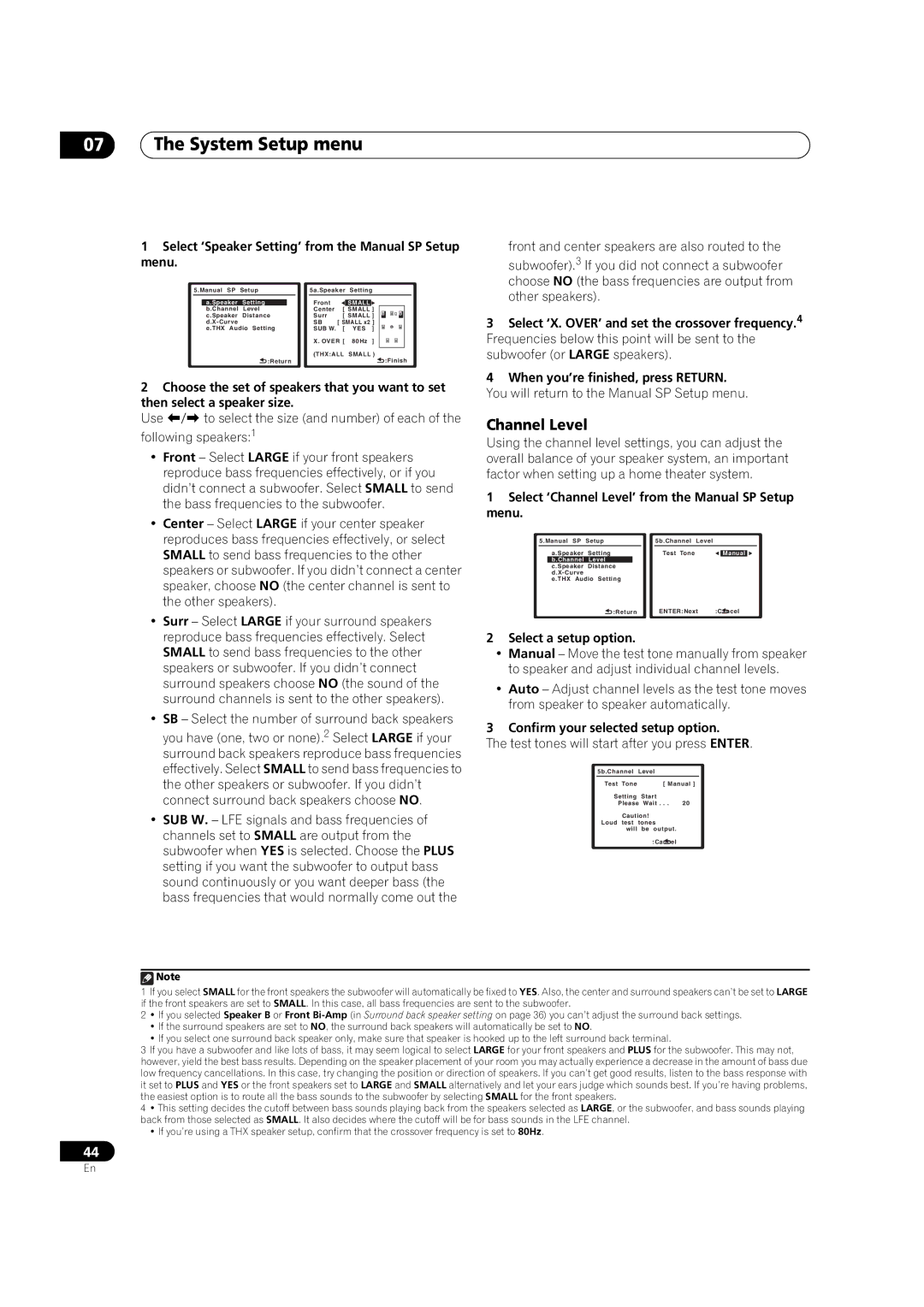 Pioneer VSX-91TXH manual Channel Level, Select ‘Speaker Setting’ from the Manual SP Setup menu, Select a setup option 