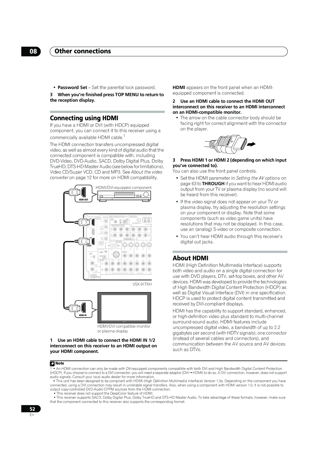 Pioneer VSX-91TXH manual Connecting using Hdmi, About Hdmi, Password Set Set the parental lock password 