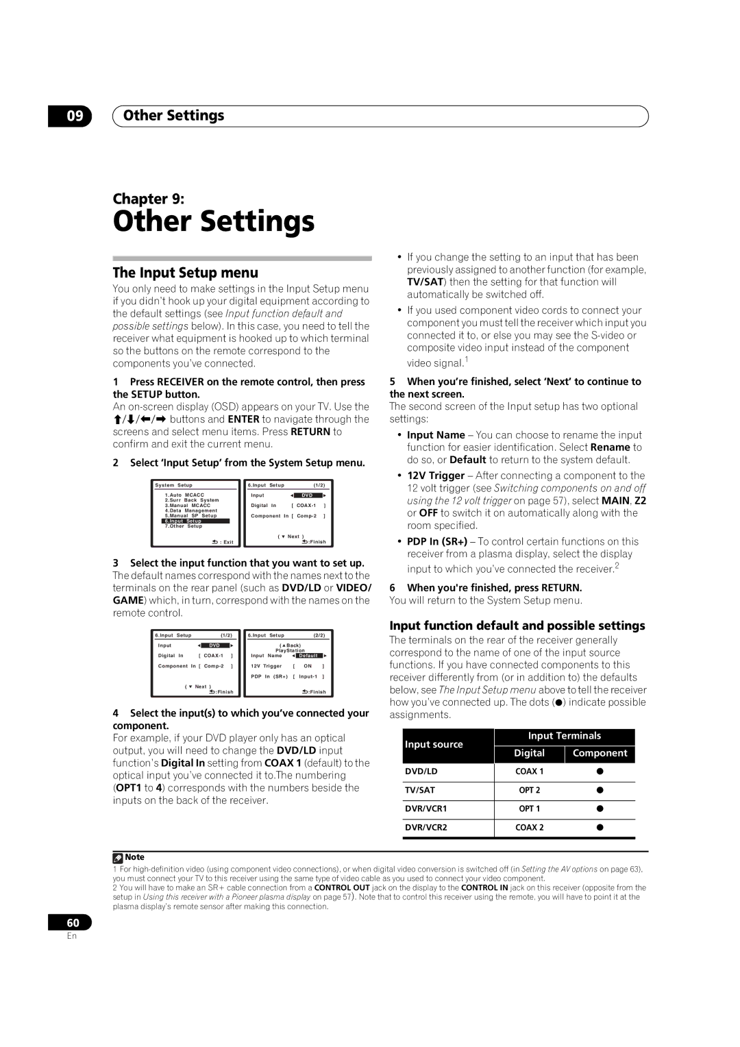 Pioneer VSX-91TXH manual Other Settings Chapter, Input Setup menu, Input function default and possible settings 