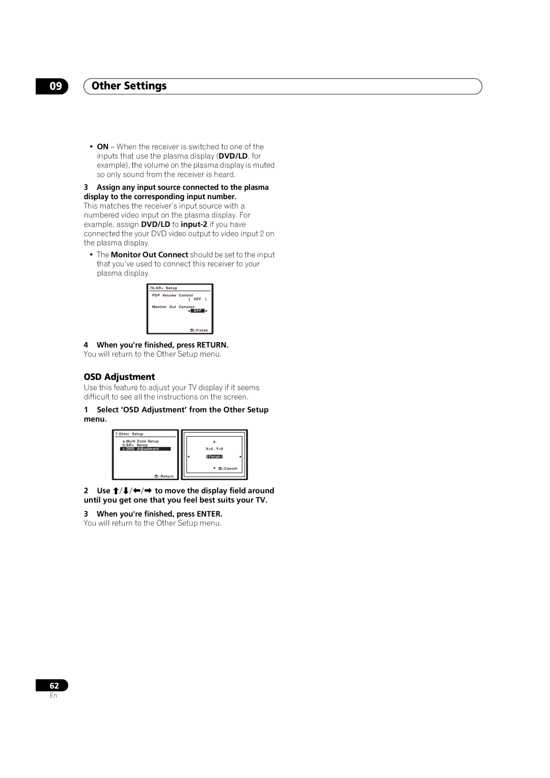 Pioneer VSX-91TXH manual Select ‘OSD Adjustment’ from the Other Setup menu, You will return to the Other Setup menu 