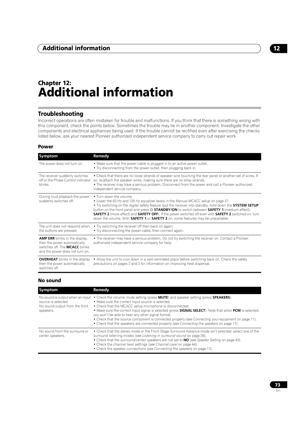 Pioneer VSX-91TXH manual Additional information Chapter, Troubleshooting, Power, No sound 