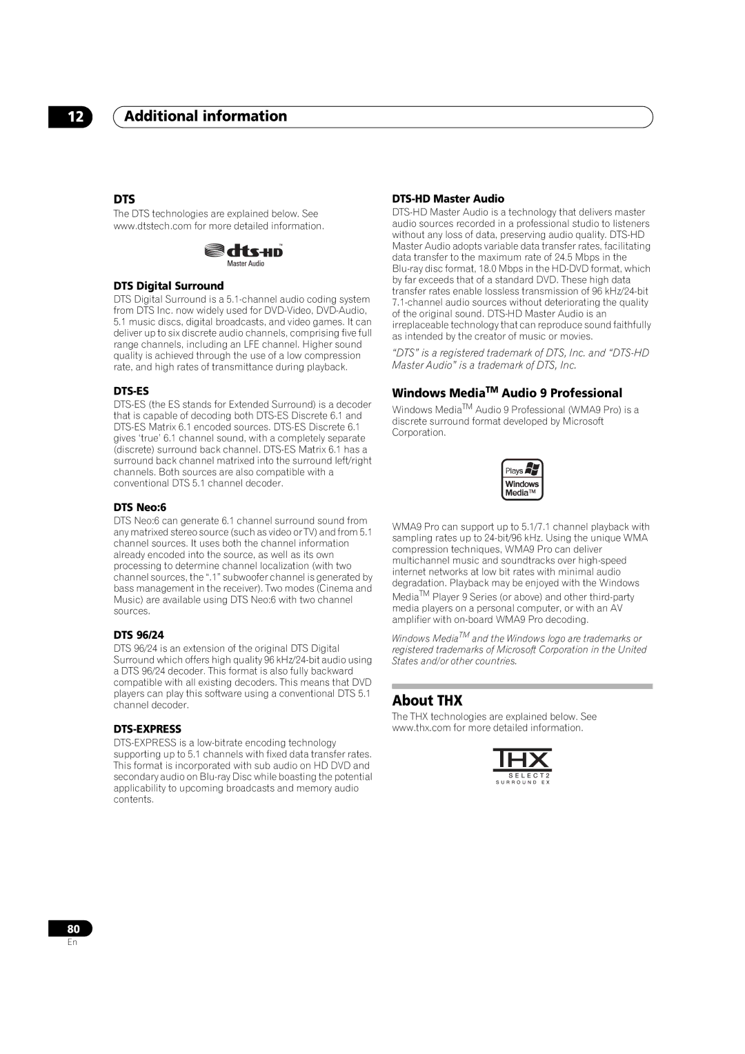 Pioneer VSX-91TXH manual About THX, Windows MediaTM Audio 9 Professional 