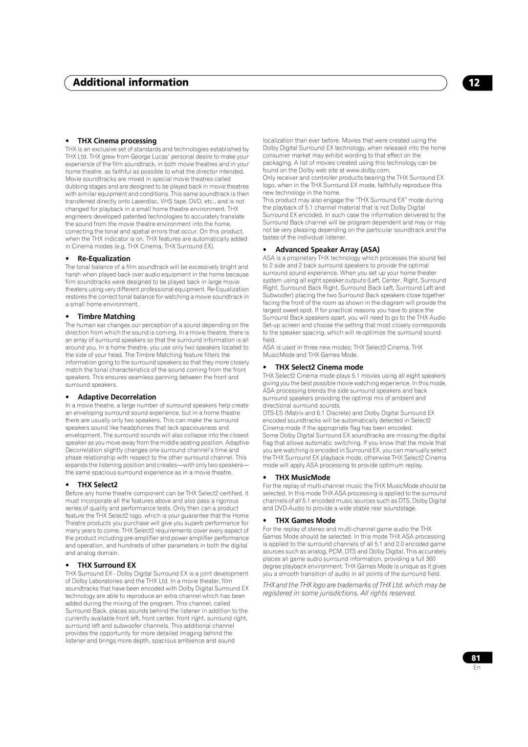 Pioneer VSX-91TXH manual THX Cinema processing, Re-Equalization, Timbre Matching, Adaptive Decorrelation, THX Select2 