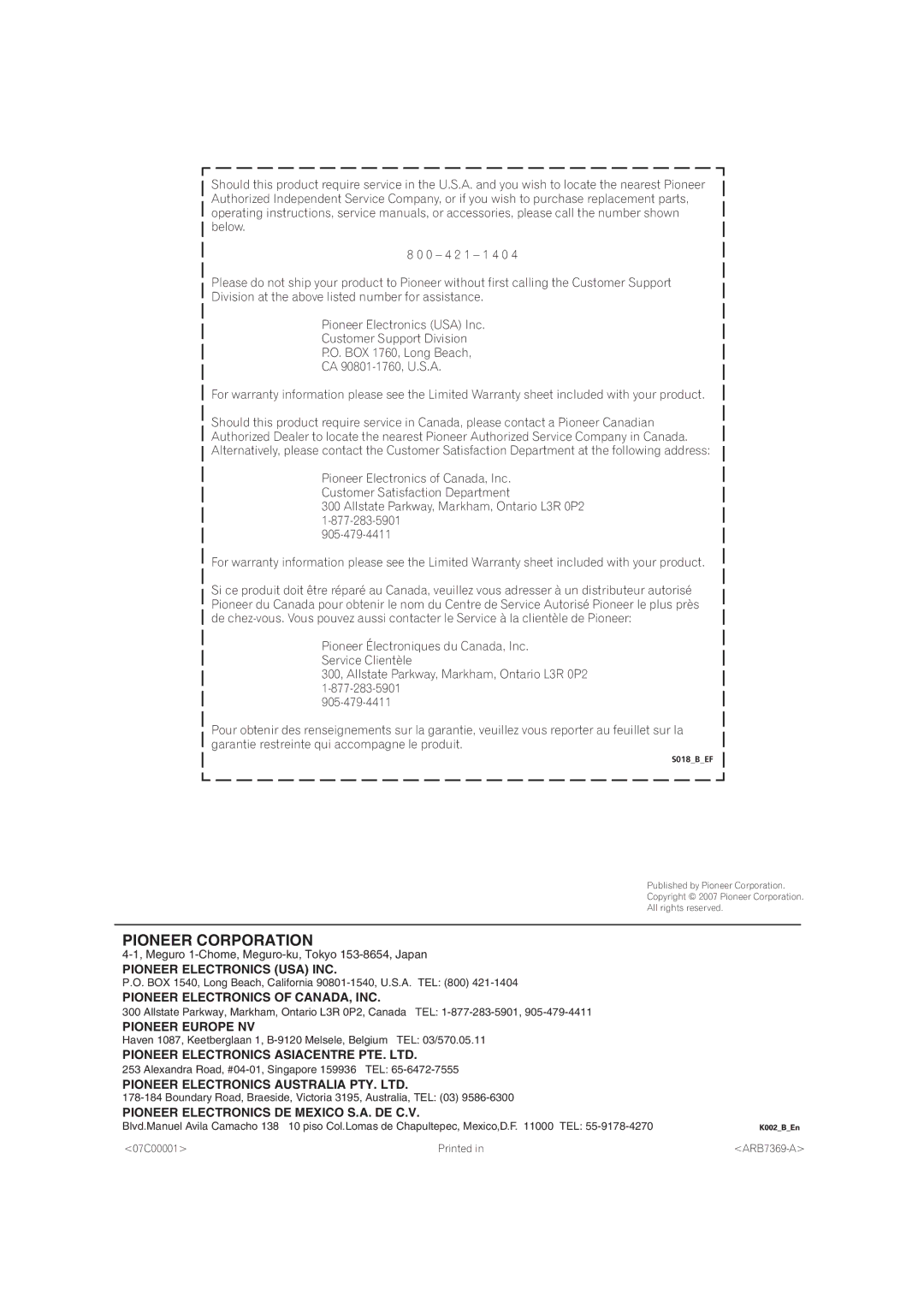 Pioneer VSX-91TXH manual Pioneer Corporation 