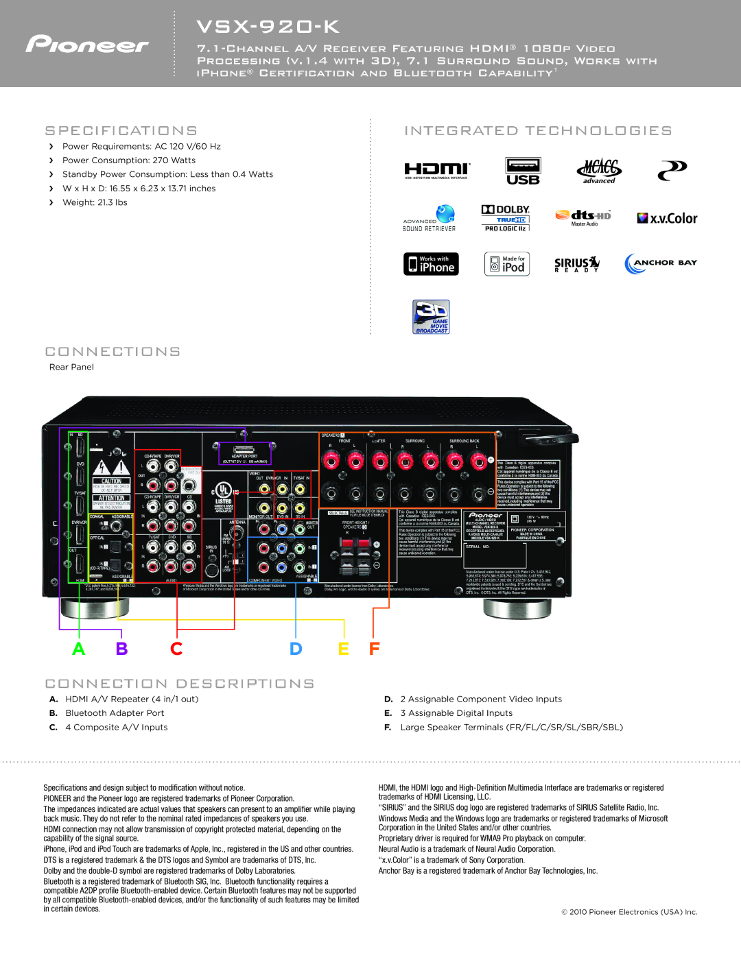 Pioneer VSX-920-K manual C D E F, Specifications Integrated Technologies, Connections, Connection Descriptions 