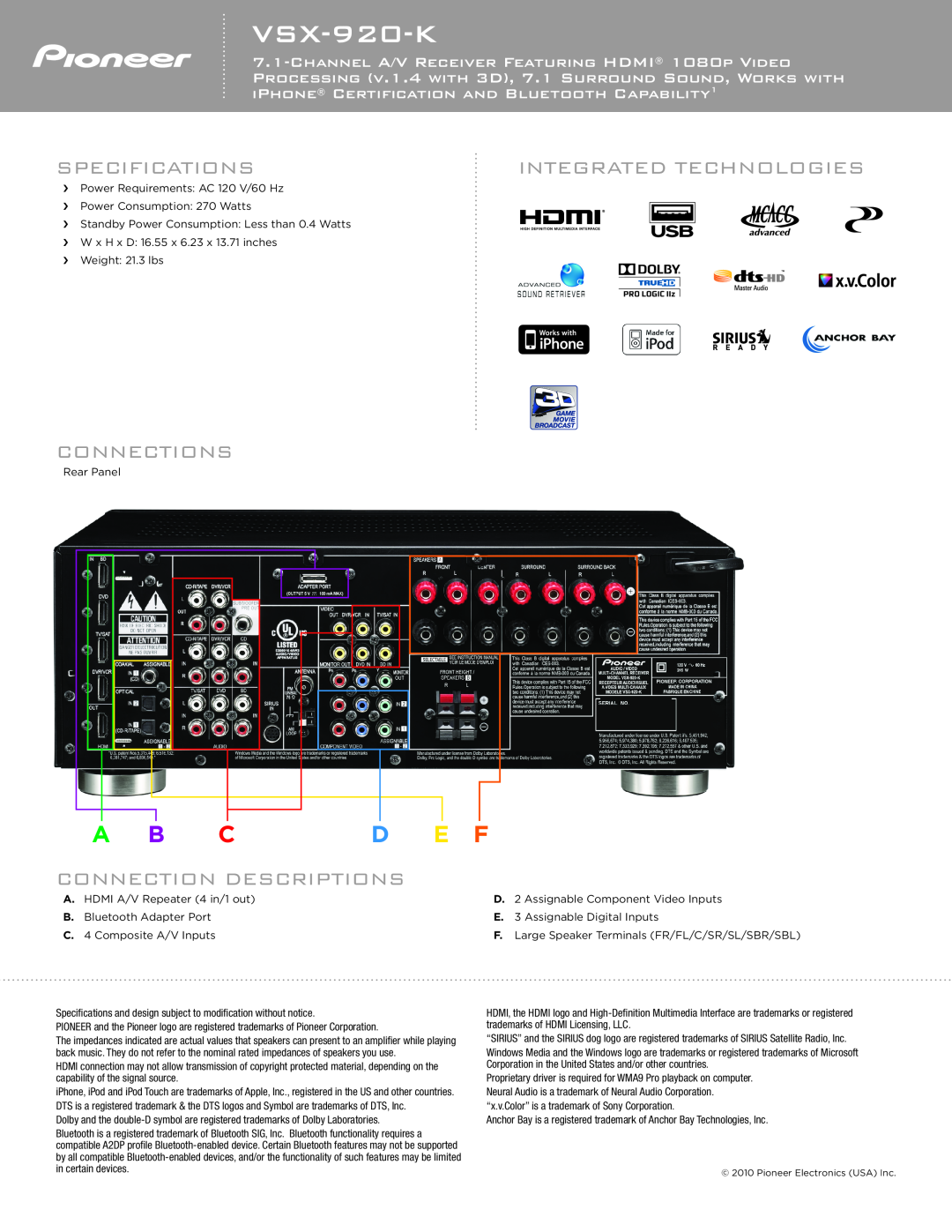 Pioneer VSX-920-K manual Specifications, Integrated Technologies, Connections, Connection Descriptions, A B C D E F 