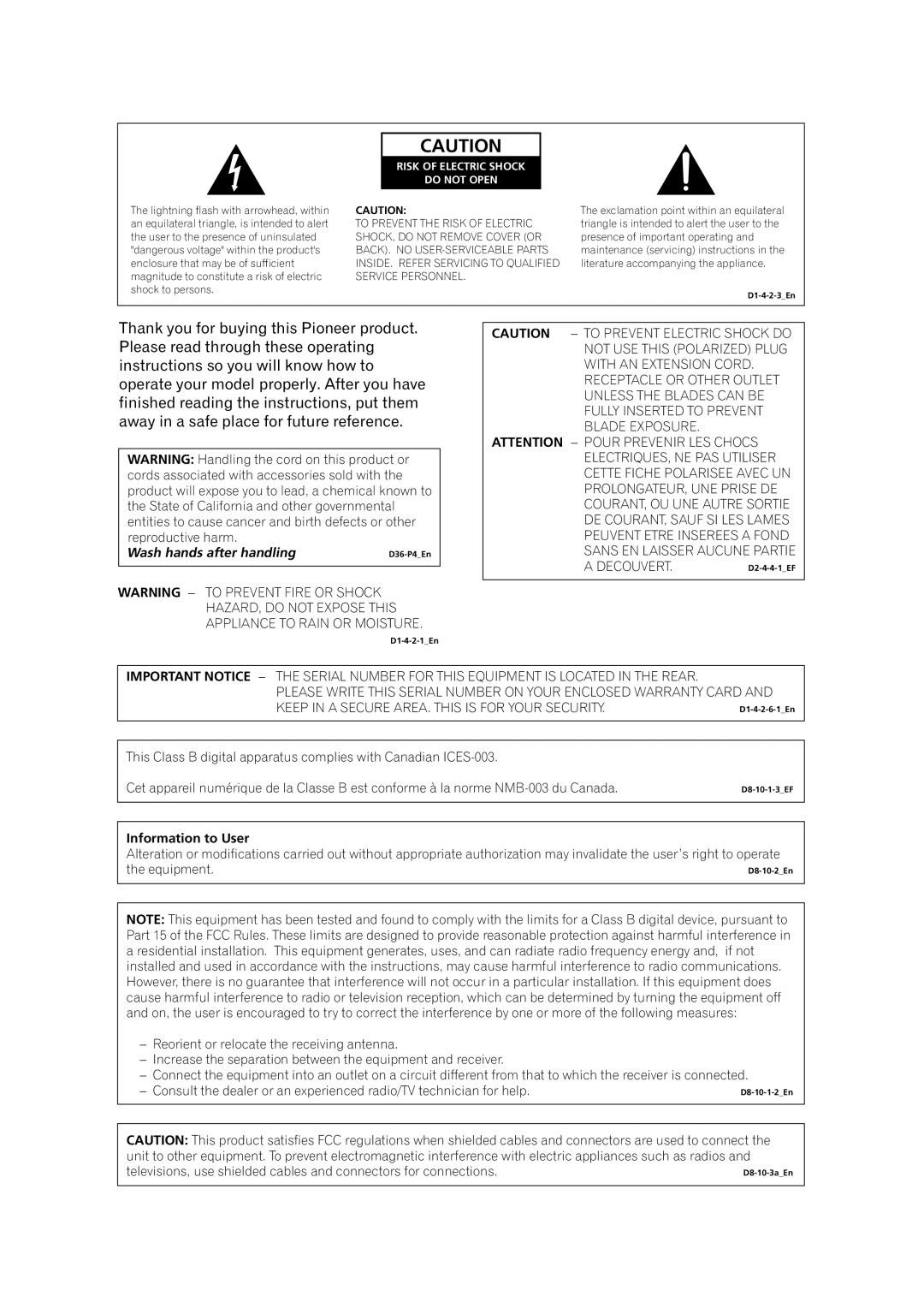 Pioneer VSX-9300TX manual Information to User, Risk of Electric Shock Do not Open 