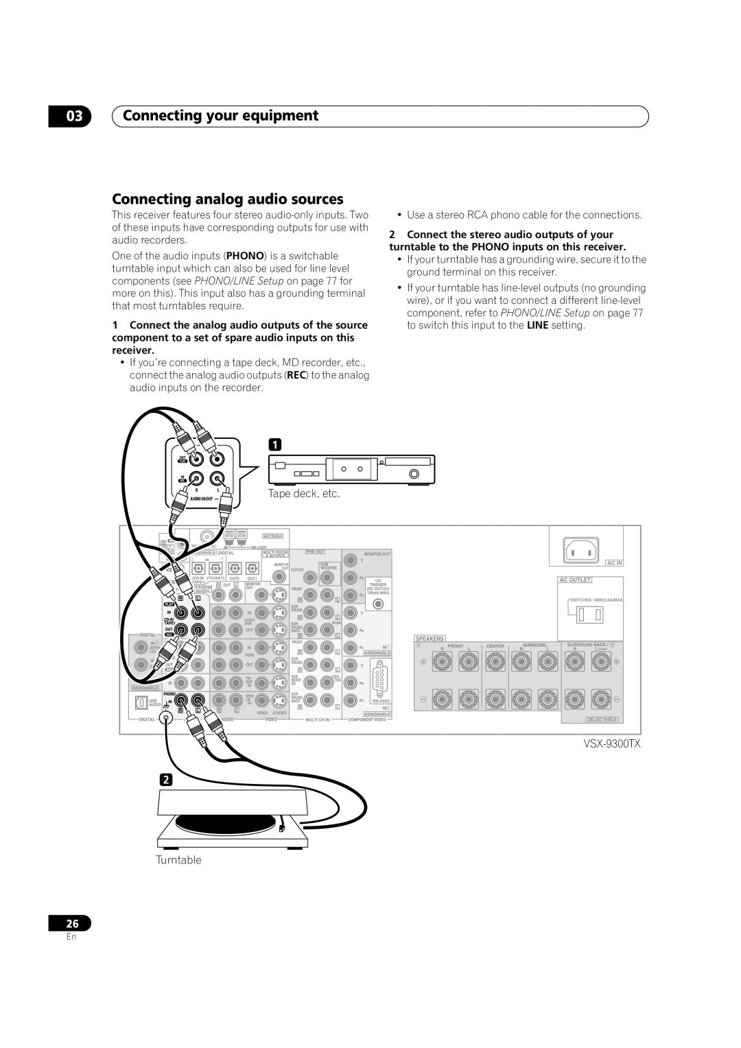 Pioneer VSX-9300TX manual Connecting your equipment Connecting analog audio sources, Tape deck, etc 