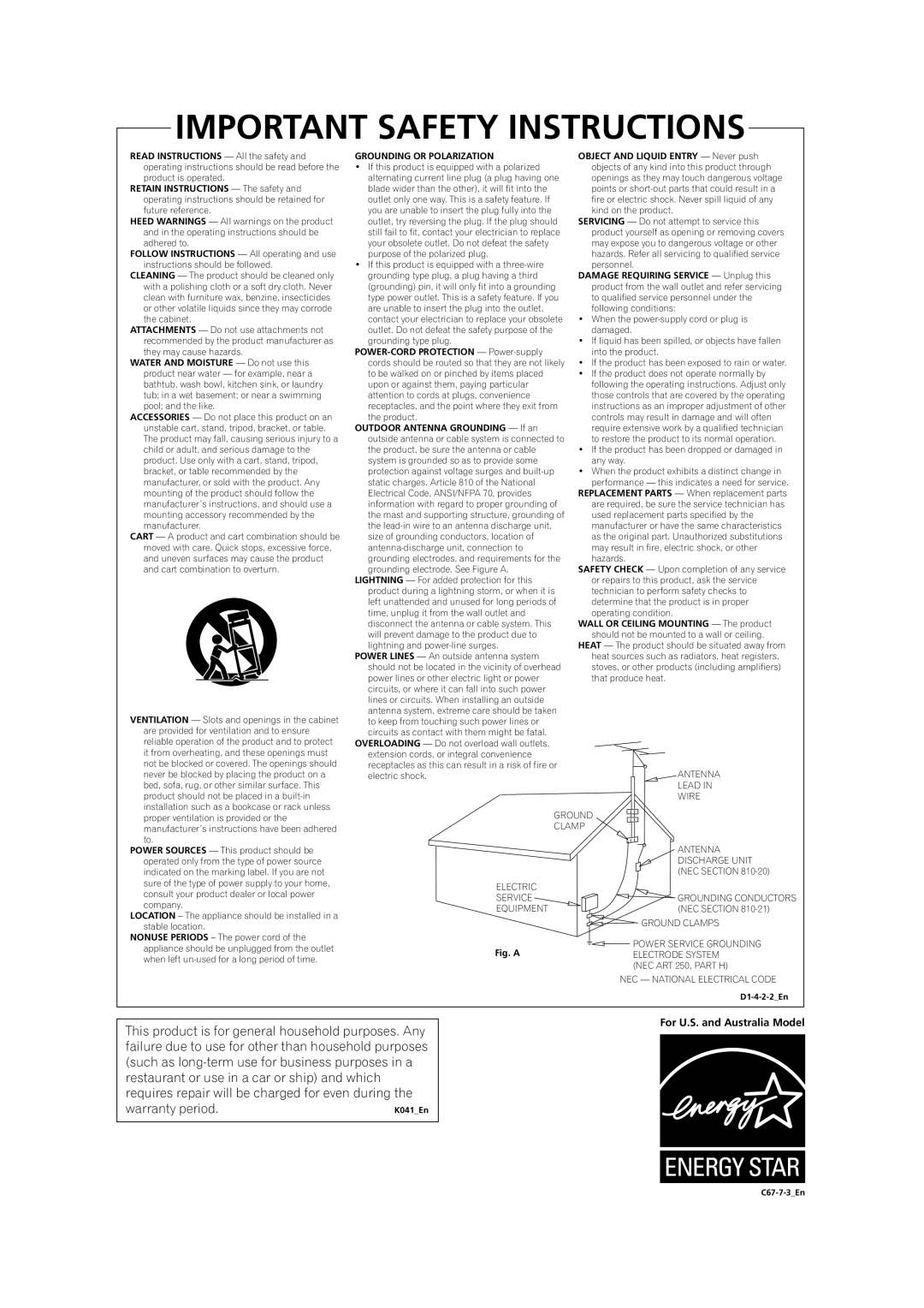 Pioneer VSX-9300TX manual Important Safety Instructions 