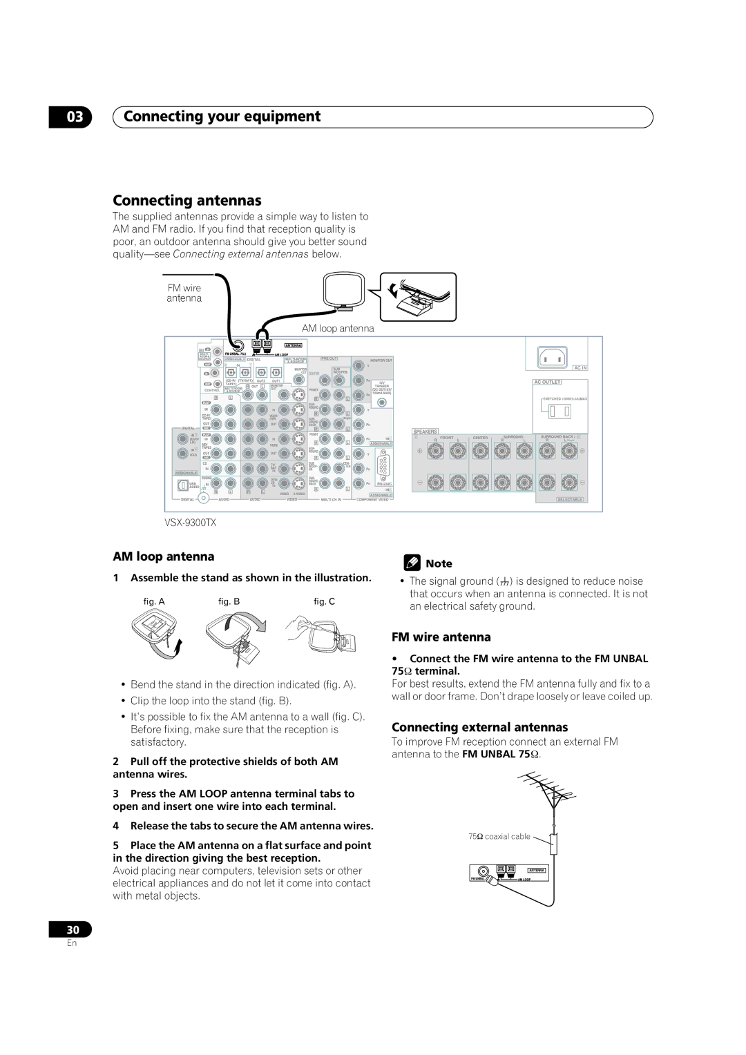 Pioneer VSX-9300TX manual Connecting your equipment Connecting antennas, AM loop antenna, FM wire antenna 