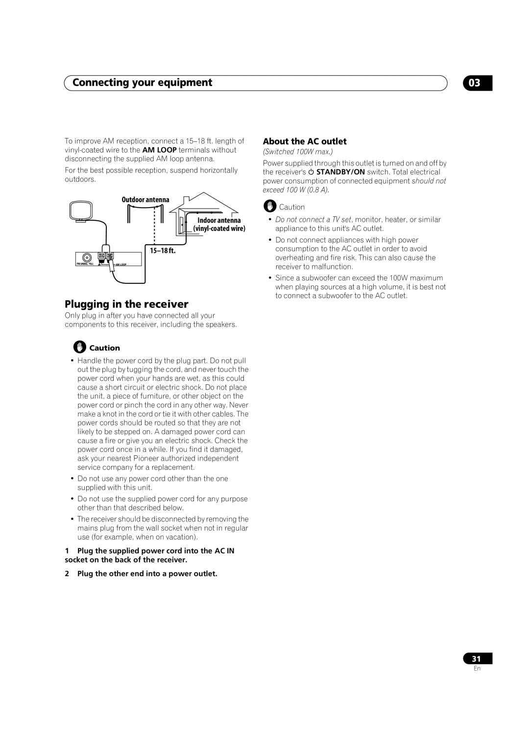 Pioneer VSX-9300TX manual Plugging in the receiver, About the AC outlet 