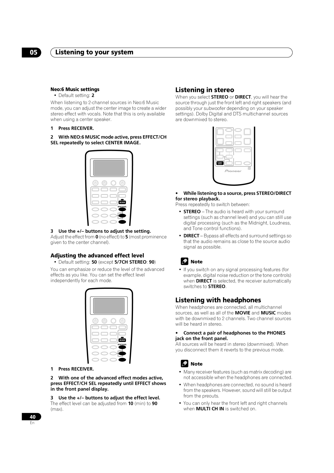 Pioneer VSX-9300TX Listening in stereo, Listening with headphones, Adjusting the advanced effect level, Press Receiver 