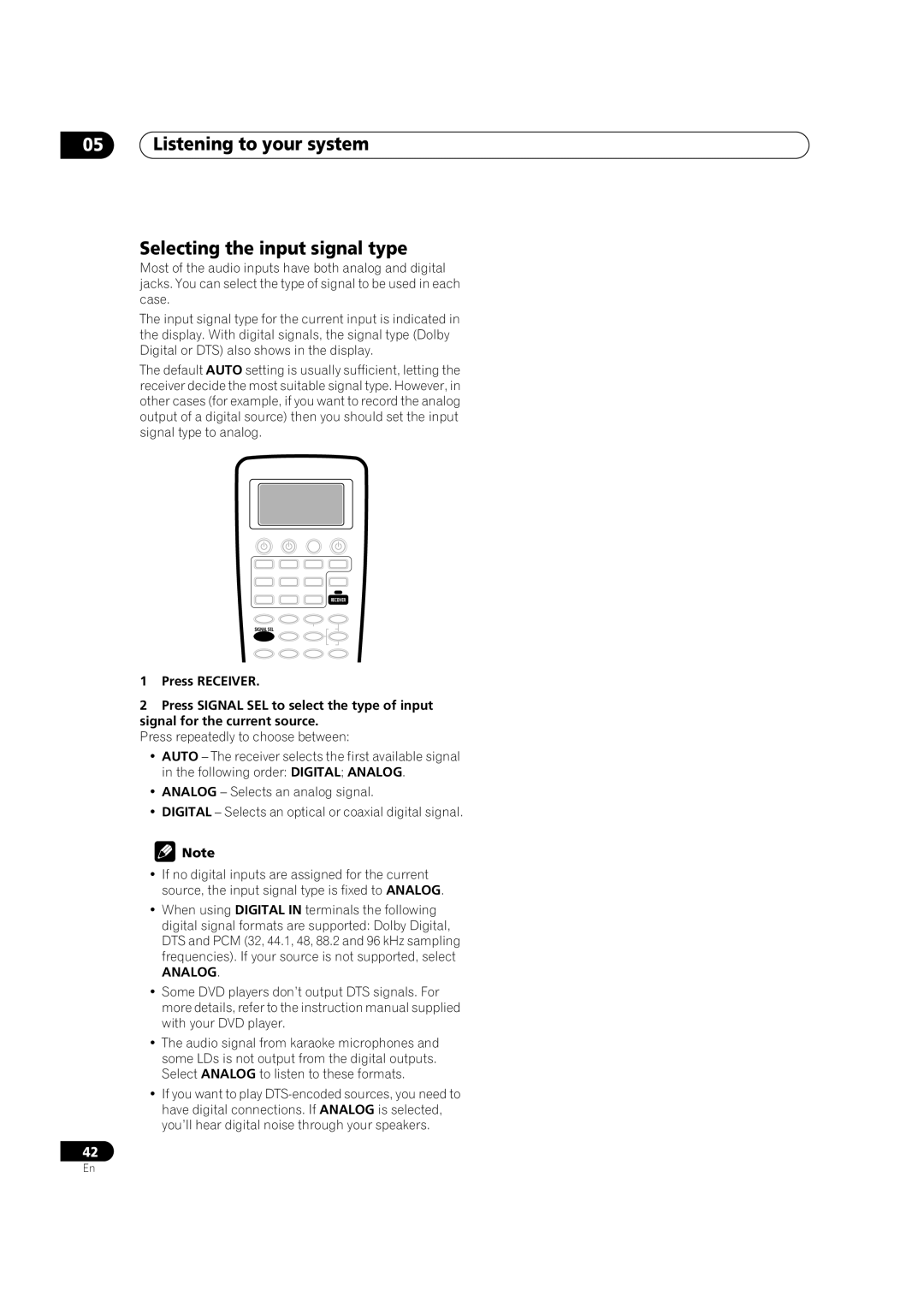 Pioneer VSX-9300TX manual Listening to your system Selecting the input signal type, Analog 