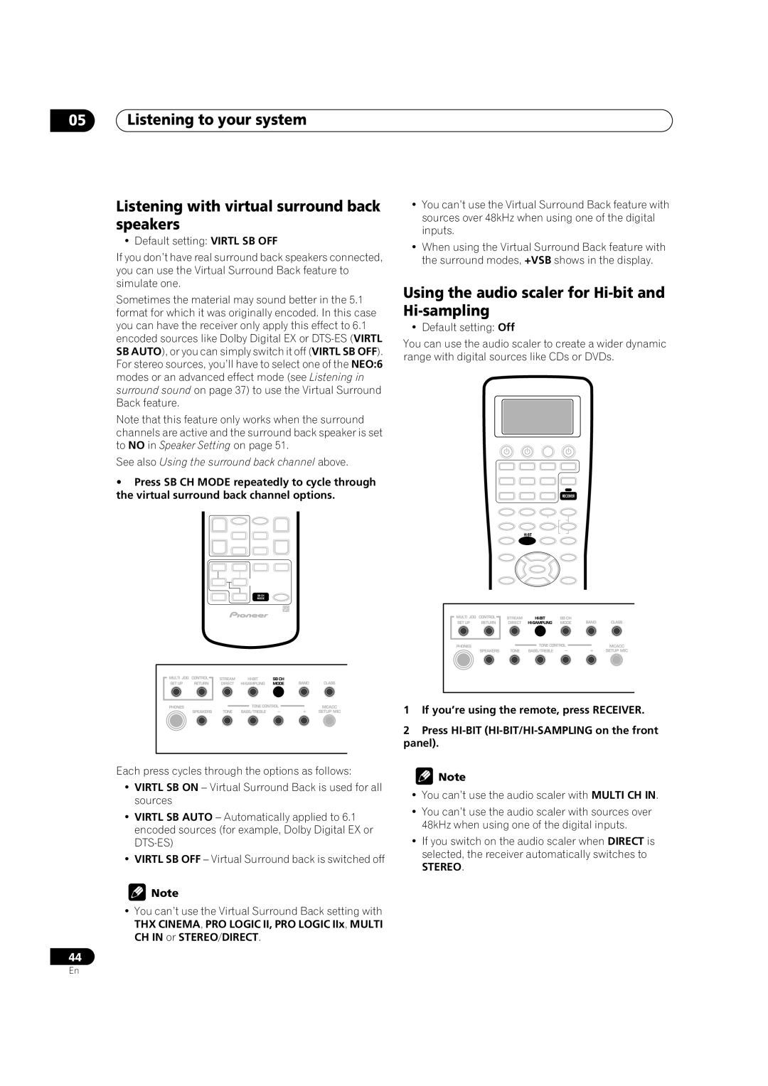 Pioneer VSX-9300TX Using the audio scaler for Hi-bit and Hi-sampling, If you’re using the remote, press Receiver, Panel 