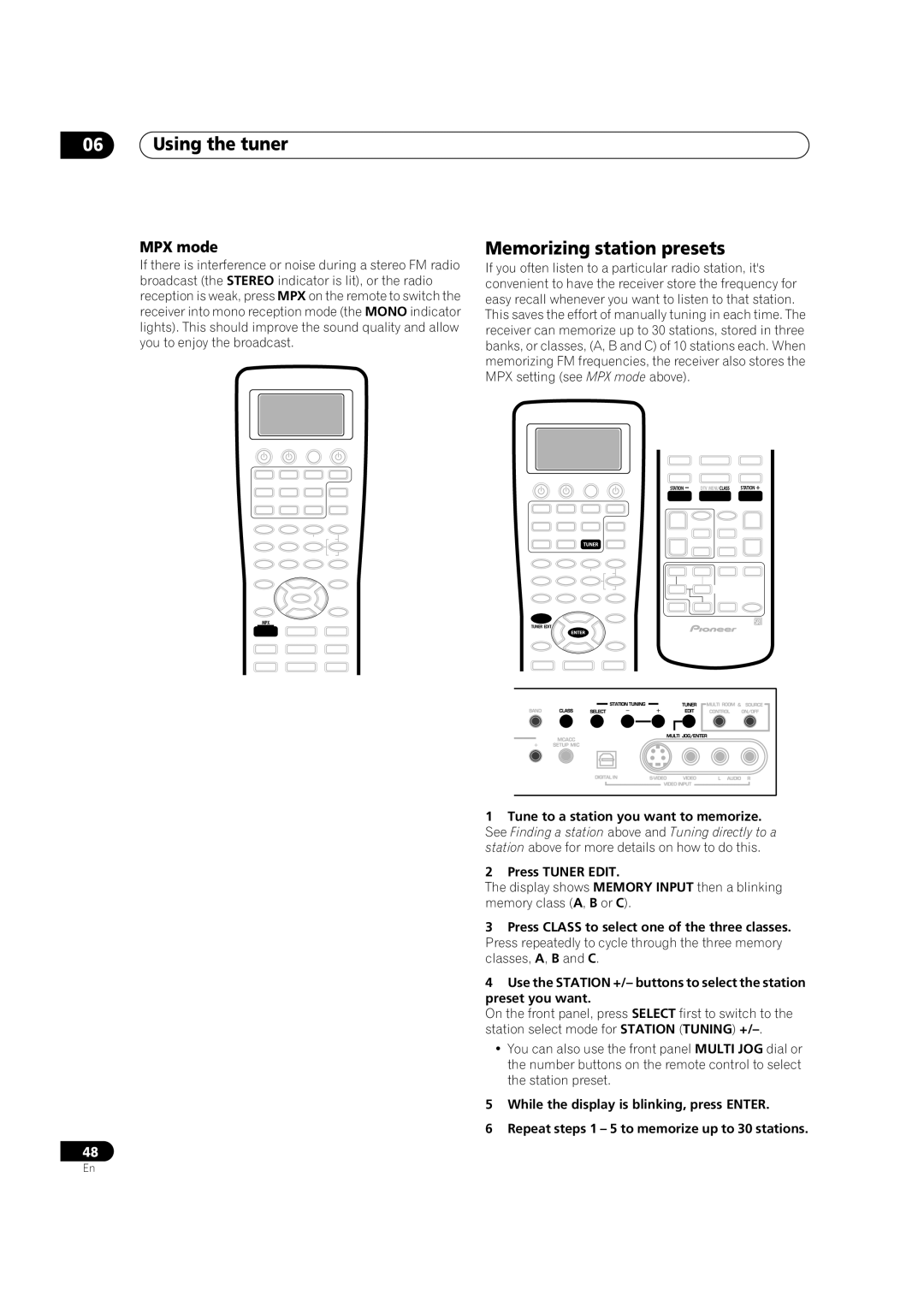 Pioneer VSX-9300TX manual Using the tuner, MPX mode 