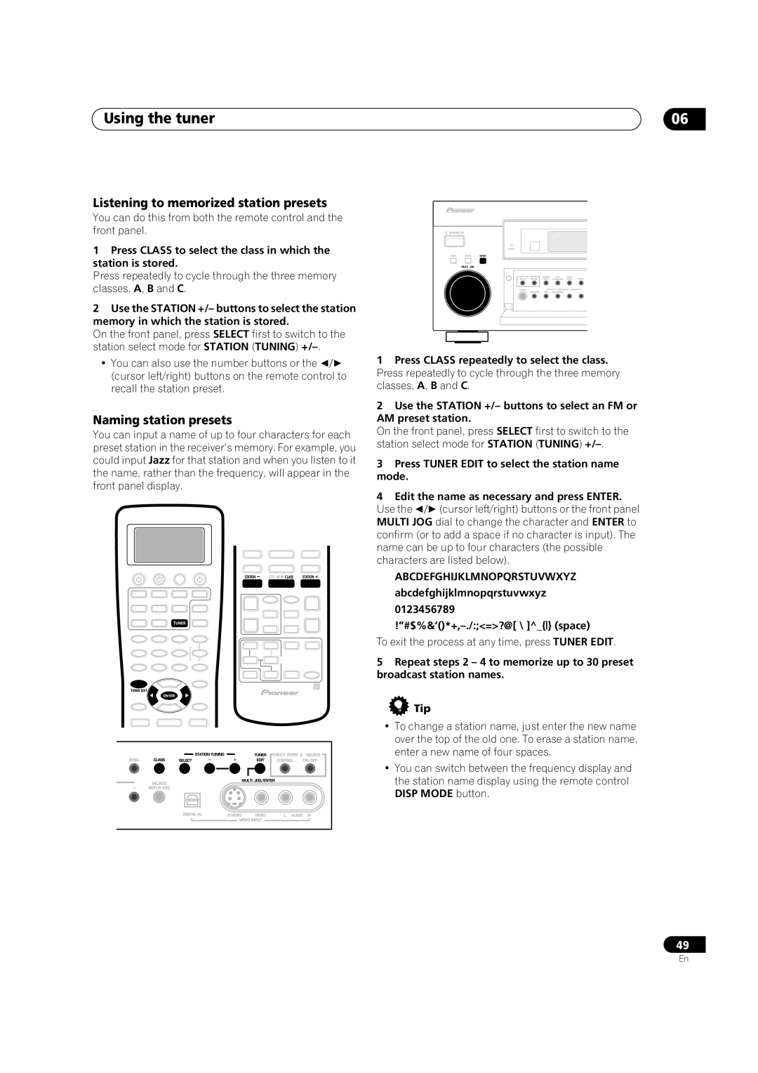 Pioneer VSX-9300TX manual Listening to memorized station presets, Naming station presets, Abcdefghijklmnopqrstuvwxyz 