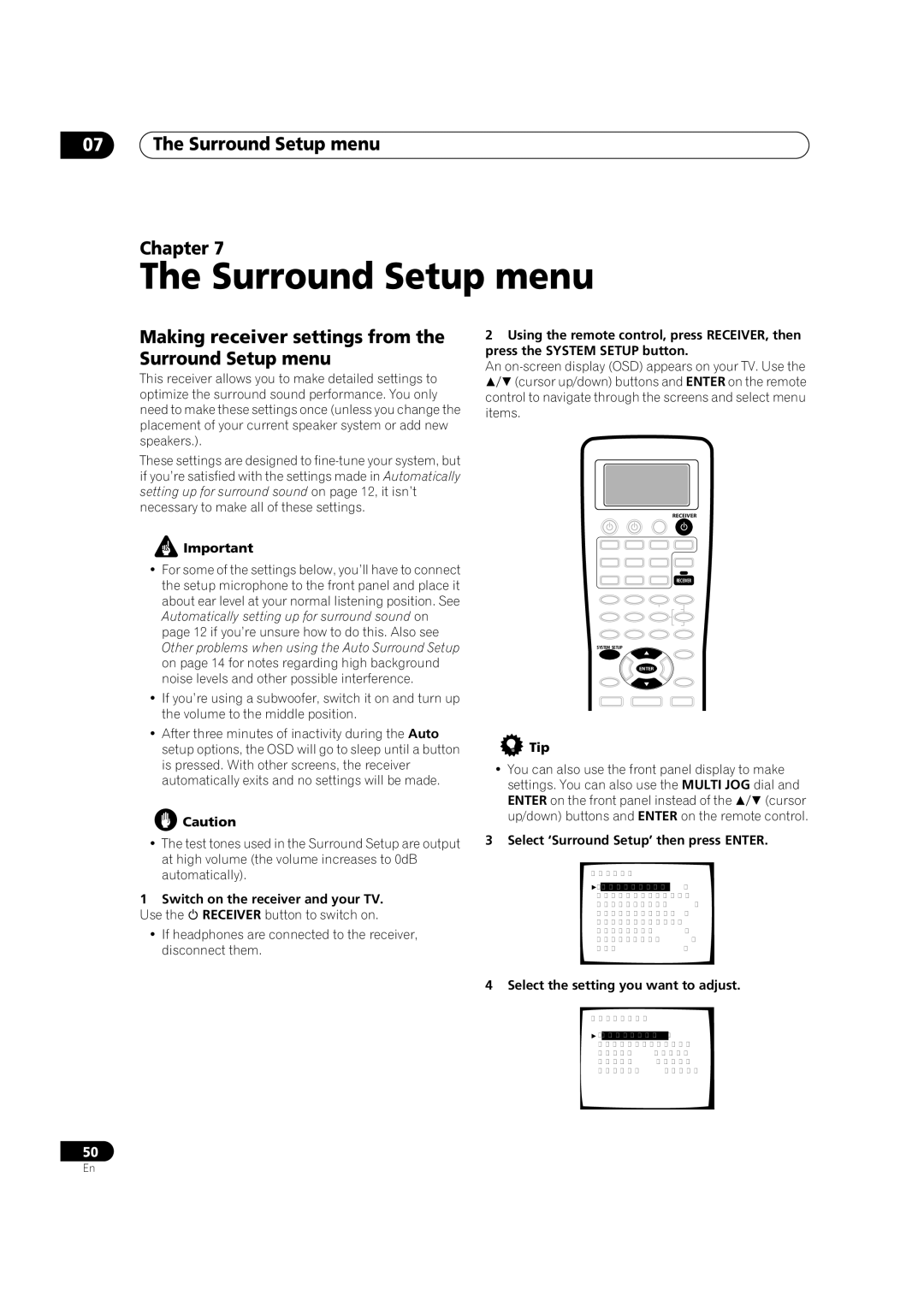 Pioneer VSX-9300TX manual Surround Setup menu Chapter, Making receiver settings from the Surround Setup menu 