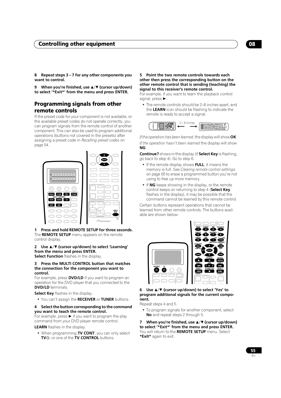 Pioneer VSX-9300TX manual Controlling other equipment, Programming signals from other remote controls 