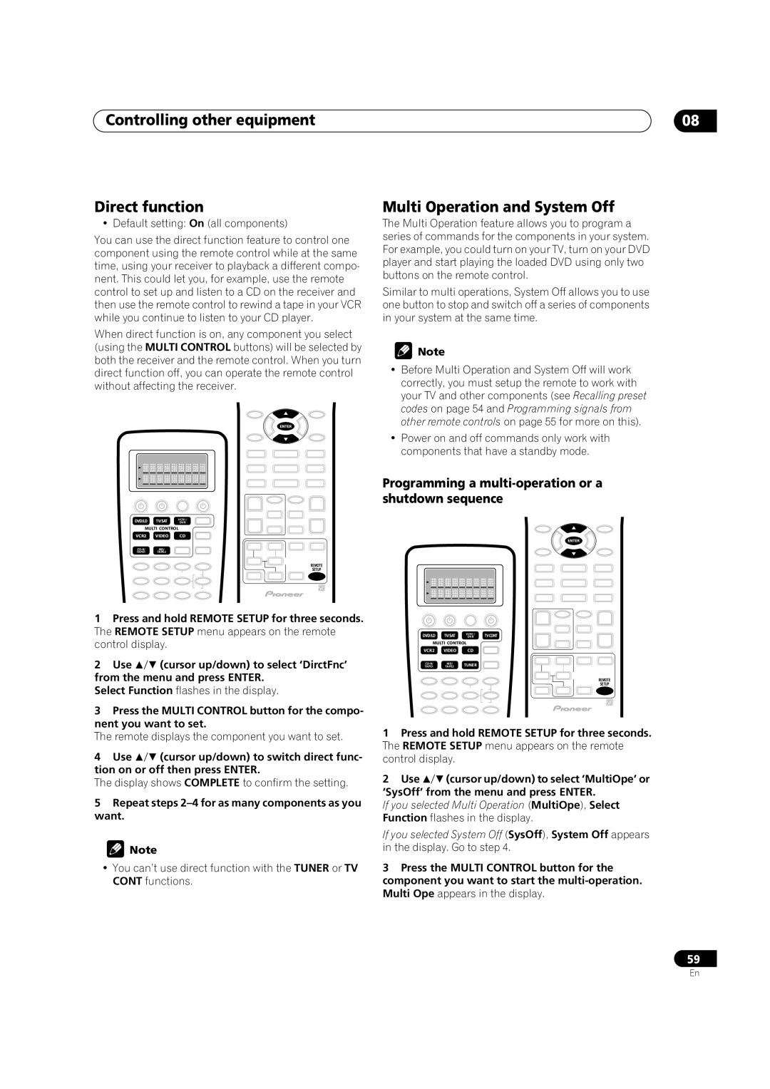 Pioneer VSX-9300TX manual Controlling other equipment Direct function, Multi Operation and System Off 