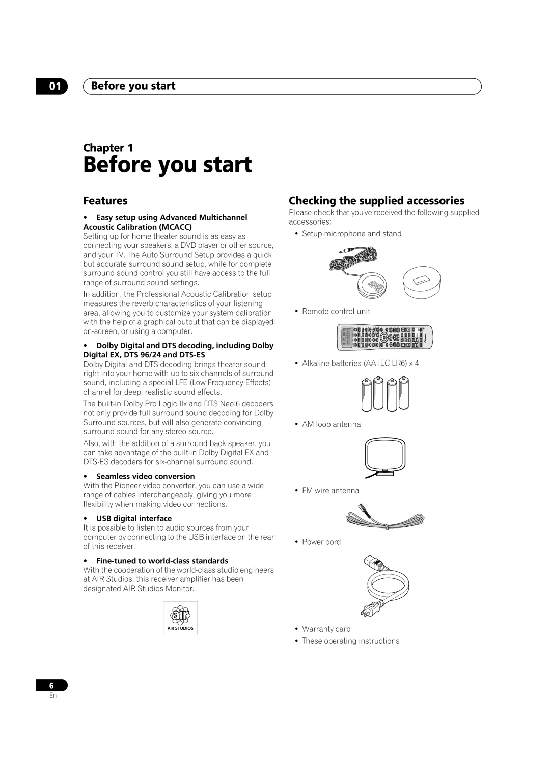 Pioneer VSX-9300TX manual Before you start Chapter, Features, Checking the supplied accessories 