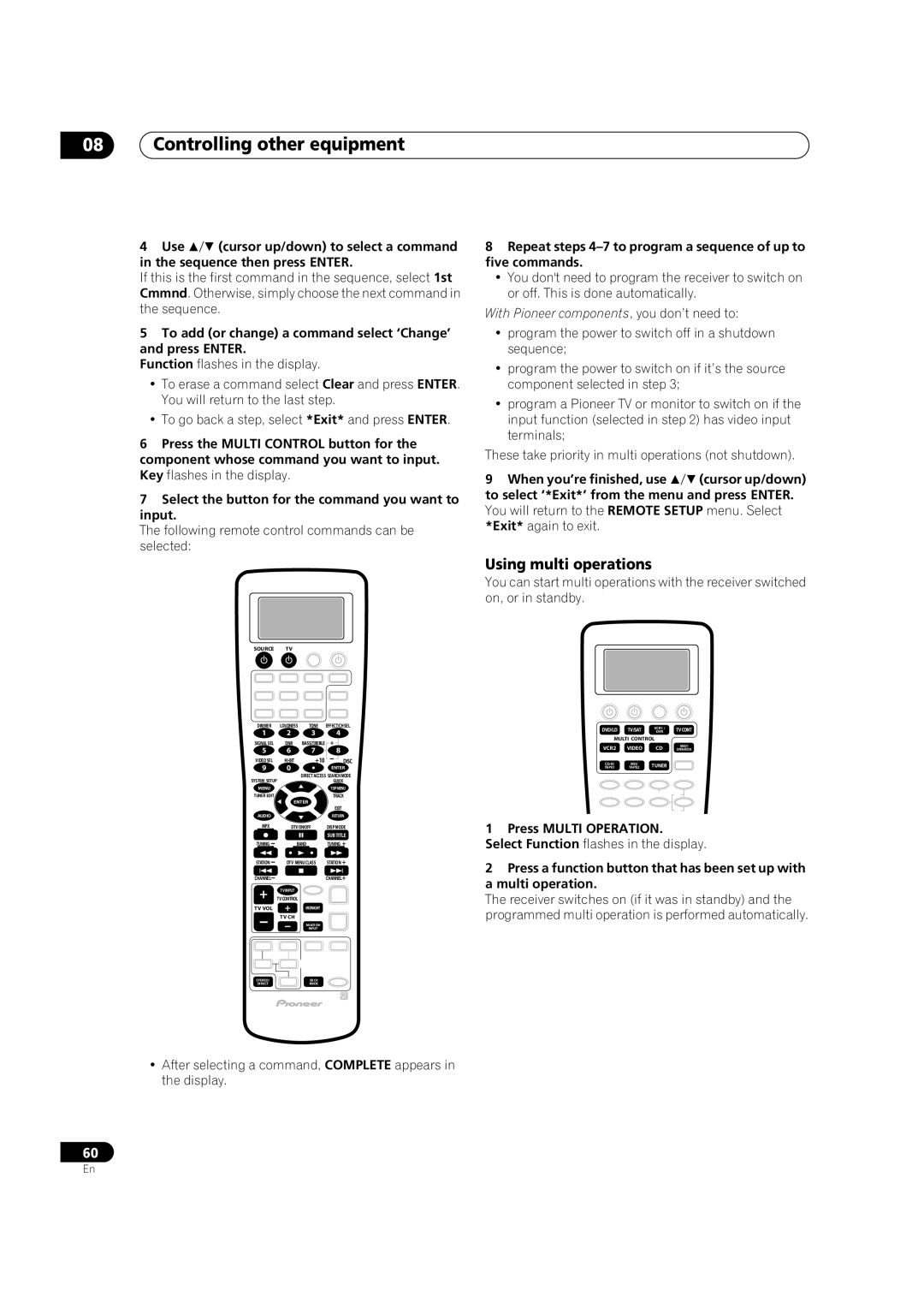 Pioneer VSX-9300TX manual Using multi operations, To add or change a command select ‘Change’ and press Enter 