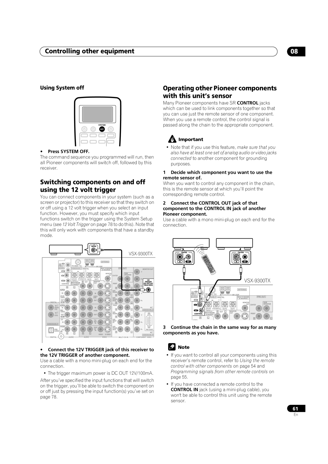 Pioneer VSX-9300TX manual Switching components on and off using the 12 volt trigger, Using System off 