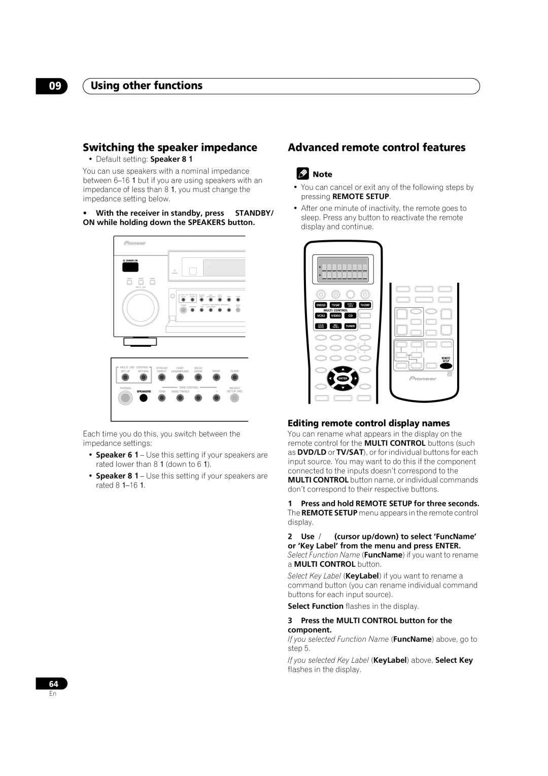 Pioneer VSX-9300TX manual Using other functions Switching the speaker impedance, Advanced remote control features 